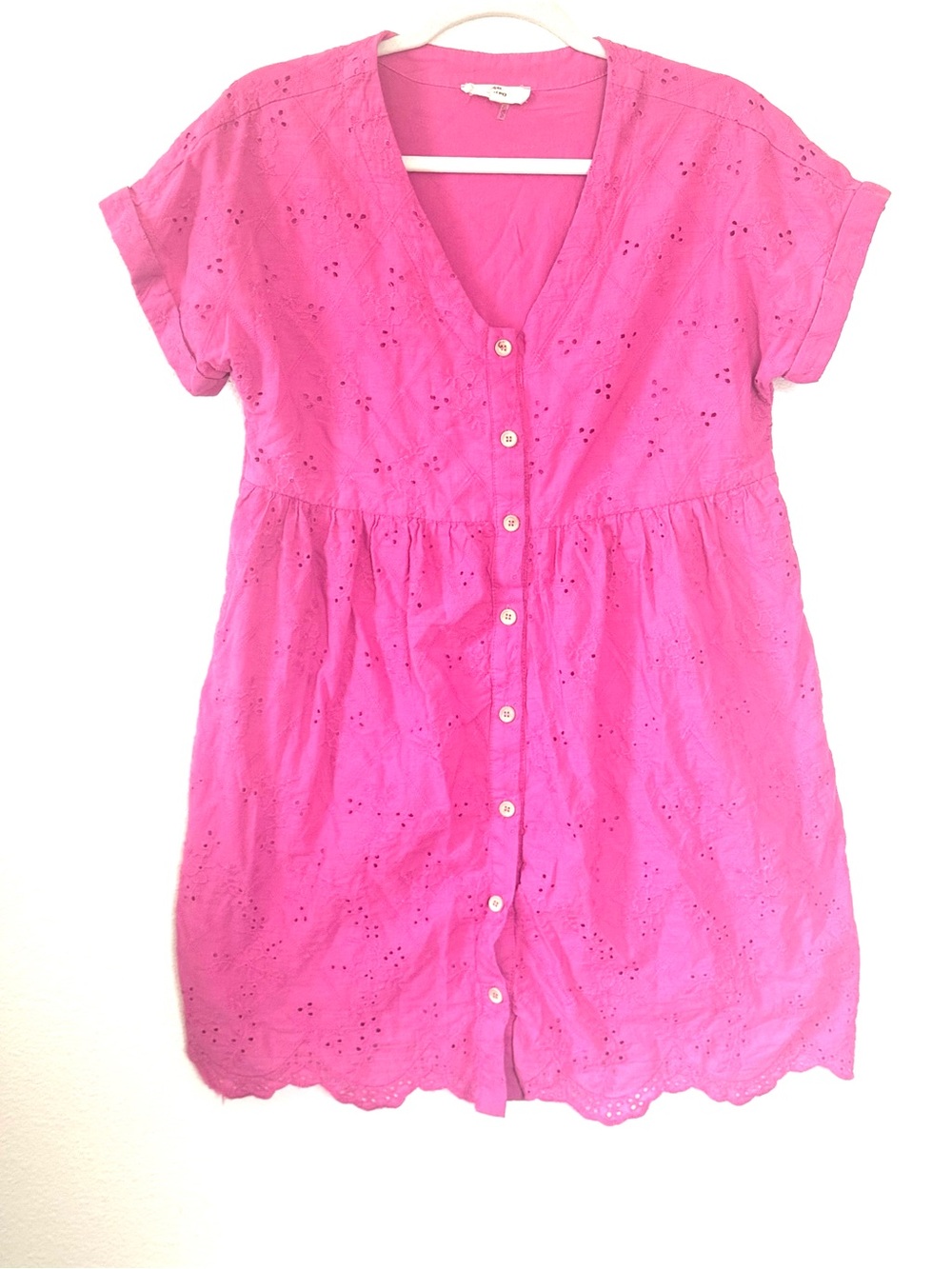 ENTRO Pink Eyelet Cotton Shirt Dress A Line Babydoll Short Sleeve S - Picture 2 of 10